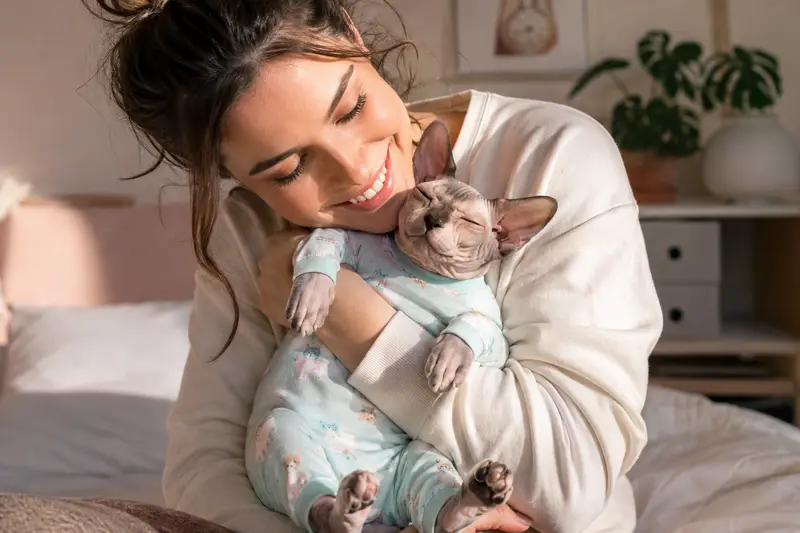 Wrinkly-skinned kitten dozing in a soft mint-green onesie, cradled in its owner's arms