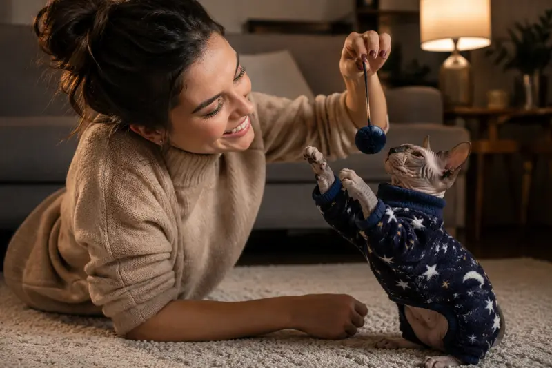 Big-eared naked kitty in a navy star-print bodysuit, pawing at a feather toy