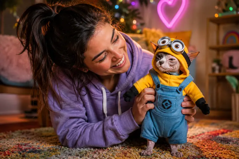Velvet-skinned cat dressed up in a playful yellow-and-denim costume