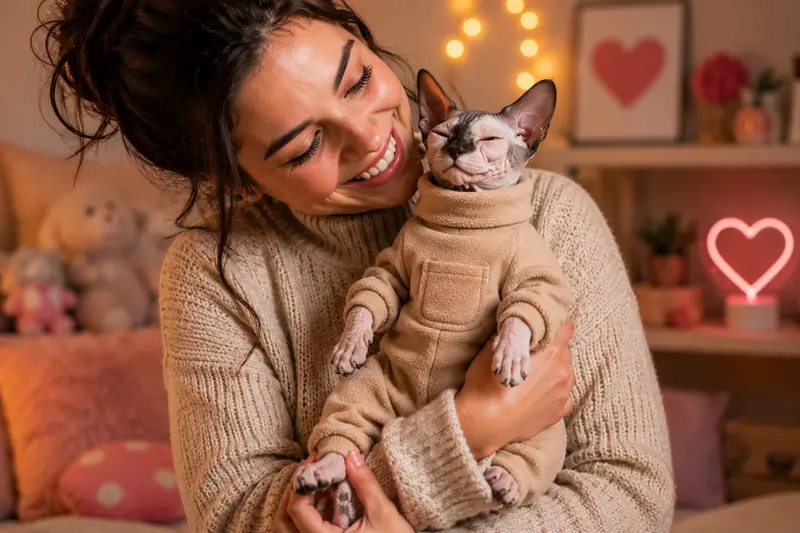 Bald cat bundled in a cosy beige knitted top beside warm fairy lights