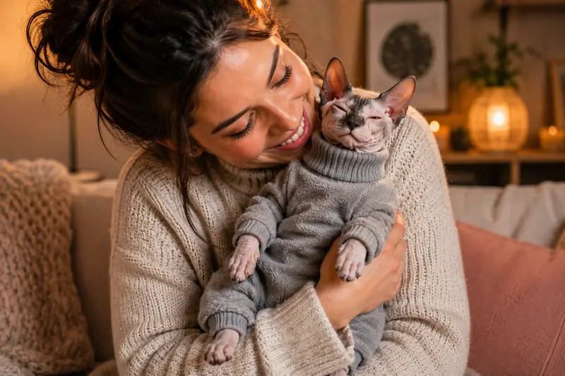 Wide-eyed furless kitty snuggled in a grey turtleneck on the sofa