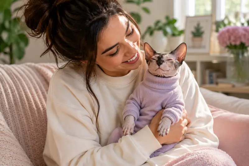 Sphynx lounging on its human's lap in a soft lavender fleece jumper